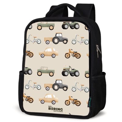 NoBoringSuitcases.com® - Rugzak zwart - Schooltas jongen & meisje - Retro voertuigen patroon - Rugtas voor school - Boekentas kind - Schoolrugzak - Kinderrugzak