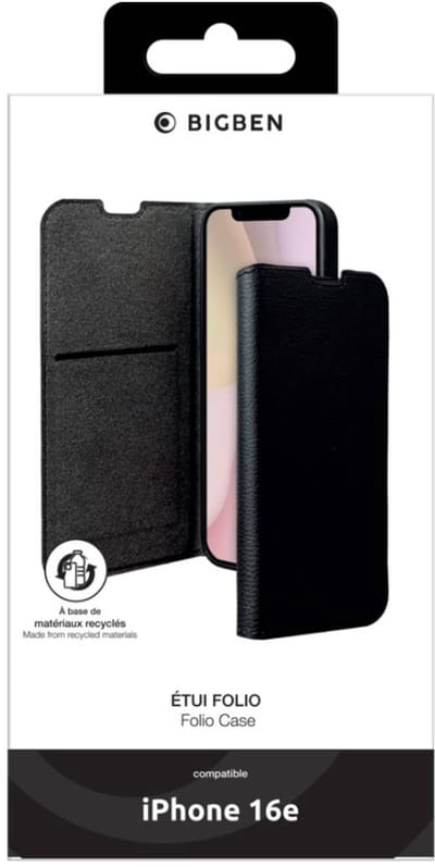 Bigben Connected, Hoesje geschikt voor iPhone 16e - Folio met Standaard & Kaarthouder, Zwart