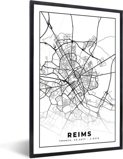 Fotolijst incl. Poster Zwart Wit- Kaart - Plattegrond - Reims - Frankrijk - Stadskaart - Zwart wit - 40x60 cm - Posterlijst