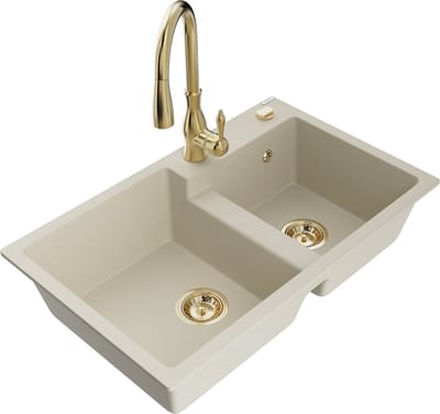 Mexen Tomas granieten spoelbak met 2 compartimenten en keukenkraan Savita, beige - 6516-69-672601-50