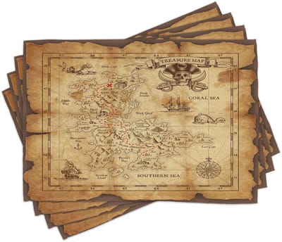 ABAKUHAUS Eilandkaart Placemats, oude papieren schatkaart, wasbare stof eetkamer keukentafeldecoratie digitale print, kameel