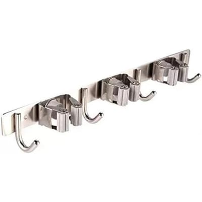 Porte-balai multifonctionnel en acier inoxydable 304, 3 supports et 4 crochets, sans perforation gray