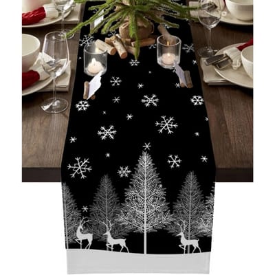 Chemin de table en lin rouge avec flocons de neige de Noël pour décoration de fête de vacances d'hiver Chemin de table de cuisine de Noël Décoration de Noël 150x33cm