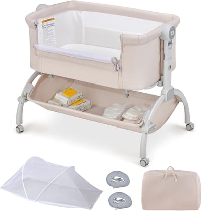 COSTWAY 3-in-1 bijzetbed met bewegingsnet, reisbed baby met matras, babybed 7-voudig in hoogte verstelbaar met draagtas, opbergmand, wieg voor baby's tot 9 maanden (beige)