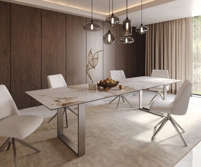 Eetkamertafel Edge keramiek Minas Melange wit-beige 300x100 RVS Schmal