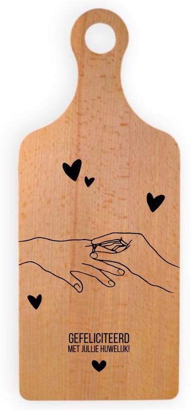 Gefeliciteerd met jullie Huwelijk! - Bruiloft - Trouwerij - Trouwen - Borrelplank met Handvat 34 x 14 cm - Cadeau - Kado Tip - Beukenhout - Serveerplank - Hapjesplank - Kaasplank - Cadeau tip!