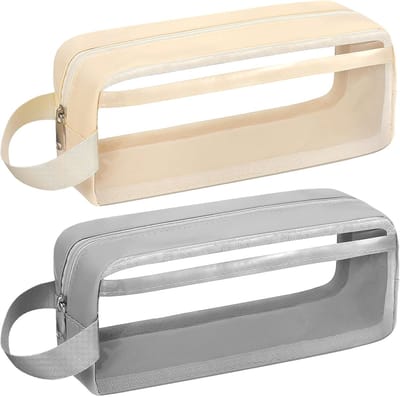 Etui Jongens - Etui Meisjes - etuis voor school - 2 Stuks Transparante Etui - Examen Etui - Waterdichte Etui PVC Transparante Opbergtas - Voor Schrijfwaren, Cosmetica, Make-up, Toiletartikelen - 21 * 8 * 11 cm (Beige, Grijs)