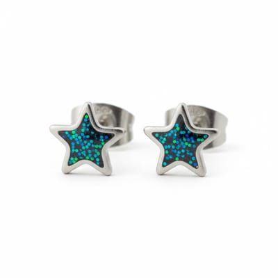 Aramat Jewels | Oorbellen | Stalen Emaille oorbellen ster met glitters | Zilverkleur / Zwart | |6mm | Staal | Kinderen, Volwassenen | Verkleurd niet