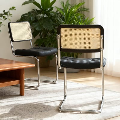Eetkamerstoelen Set Van 2 - Eetkamerstoel - Eetkamerstoelen - Moderne middeleeuwse stij - Rieten rugleuning - Gewatteerde zitting - Metalen stoelpoten - PU - Geschikt voor de woonkamer en de keuken - Zwart