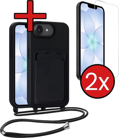 Hoesje Geschikt voor iPhone 17e Hoesje Siliconen Case Met Koord Met 2x Screenprotector - Hoes Geschikt voor iPhone 17e Hoesje Backcover Met Telefoonkoord - Zwart