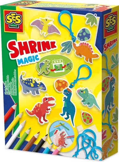 SES Creative 14294 Krimpfolie - Dino Sleutelhangers - Creatieve Knutselset voor Kinderen vanaf 5 Jaar - Personaliseer ontwerpen en krimp in de oven - Perfect voor creatief spelen