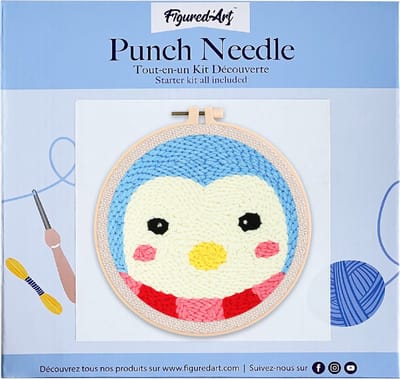 Figured'Art Punch Needle Kit voor Volwassenen en Kinderen - PinguÃ¯n - Perfect voor Beginners. Compleet klaar-om-te-borduren set, maat 20x20 cm met ronde frame
