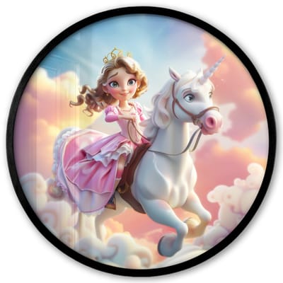 Poster in lijst Rond - Fotolijst 40x40 cm - Posters - Prinses - Eenhoorn - Meisje - Wolken - Ronde posterlijst zwart - Decoratie - Wanddecoratie woonkamer - Muurdecoratie slaapkamer