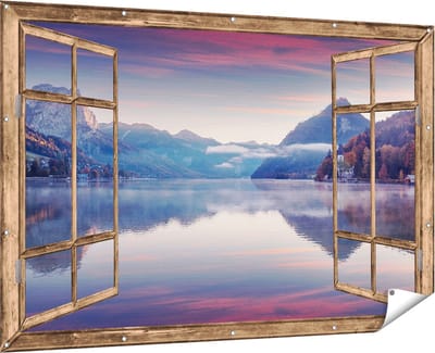 Gards Tuinposter Doorkijk Meer in de Bergen - 180x120 cm - Tuindoek - Tuindecoratie - Wanddecoratie buiten - Tuinschilderij