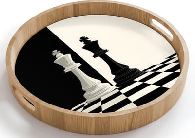 Dienblad rond 40x40 cm - Schootdienblad hout - Schaakstukken - Koning - Geblokt - Zwart - Borrelplank rechthoek - Plateau houten dienbladen