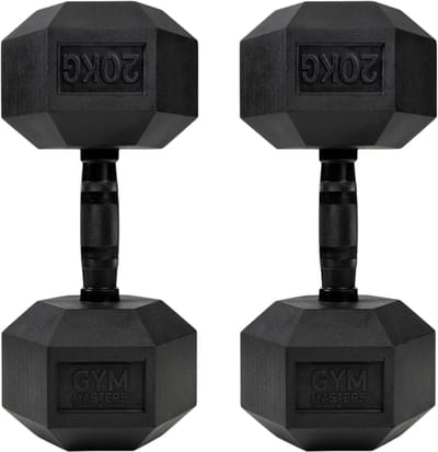 Gym Masters Dumbbells 20 kg Set (2 stuks) – Hexagon Rubber Dumbbells – Zwart