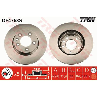 Remschijf TRW DF4763S voorkant, geventileerd, sterk gecarboniseerd, 1 Stuk
