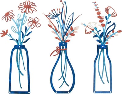 Set van 3 Metalen Wanddecoratie Bloemen en Vazen - Kleurrijke Wanddecoratie voor Woonkamer en Slaapkamer