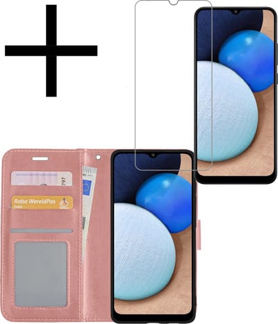 Hoesje - Met Screenprotector - Geschikt voor Samsung Galaxy A02s - Luxe Pasjeshouder - Bookcase Portemonee - Flip Case - Kunstleer Book Case - Flipcase - Book Cover - Walletcase - Portemonneehoes - Rosé goud