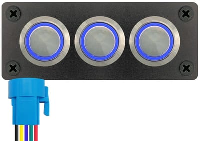 ProRide Metalen drukschakelaar 12-24V ON-OFF - Inbouwpaneel drievoudig - 22mm - IP67 - LED indicatie Blauw