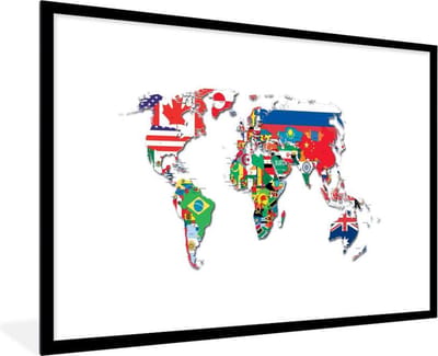Poster in lijst - Fotolijst 90x60 cm - Posters - Wereldkaart - Vlaggen - Trendy - Posterlijst zwart - Decoratie - Wanddecoratie woonkamer - Muurdecoratie slaapkamer