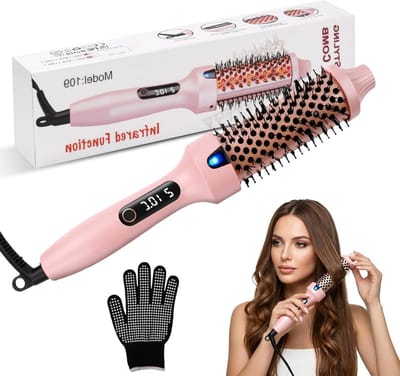 Thermische Haarborstel 38 mm met Ionen Technologie, 6 Temperatuurinstellingen en LED Display voor Meer Volume en Losse Krullen in Roze