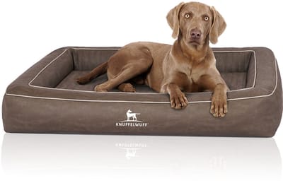 Knuffelwuff orthopedisch hondenbed van met laser doorstikt kunstleer Montego 85 x 65cm bruingrijs