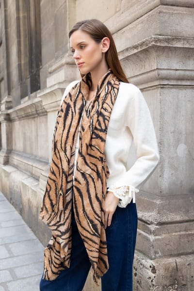 Lange dames sjaal Harper zebraprint camel bruin zwart goud