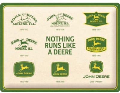 Metalen Bord 30 x 40 cm John Deere - 150 Years Logo Evolutie