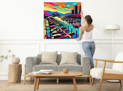 Pop art haven schilderij | Haven of Pop: A Vibrant Fusion of Art and Culture | Kunst - 40x40 centimeter op Dibond | Foto op Dibond