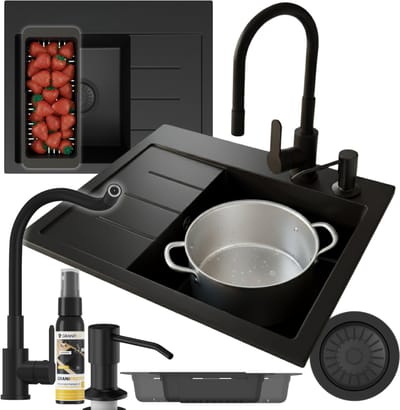 Granitan Amber spoelbak - 60 x 50 cm - zwart - met afdruiprek en kraanset