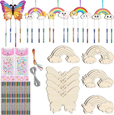 Dailygoods - 12 Stuks Windgong Kit voor Kinderen - Doe-Het-Zelf Kleuren Houten Kunst