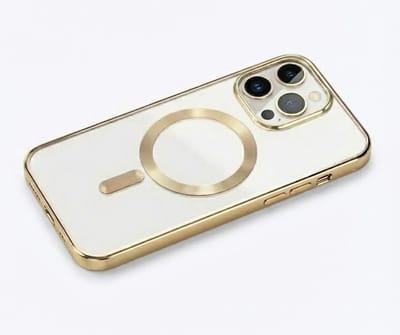 Transparant goudkleurig telefoon hoesje met metallic randen – geschikt voor iPhone 14 Pro MagSafe – luxe backcover met MagSafe ring en camera bescherming