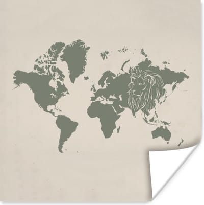 Poster 30x30 cm - Wereldkaart - Leeuw - Grijs - Posters - Kamer decoratie - Wanddecoratie woonkamer - Muurdecoratie slaapkamer