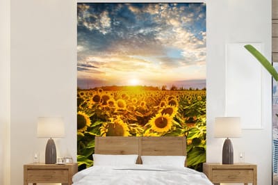 Behang - Fotobehang Bloemen - Zonnebloem - Lucht - Breedte 160 cm x hoogte 240 cm