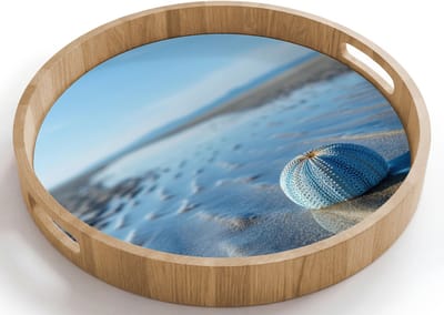 Dienblad rond 40x40 cm - Schootdienblad hout - Strand - Schild - Water - Blauw - Borrelplank rechthoek - Plateau houten dienbladen