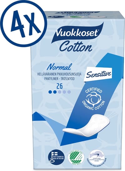 Vuokkoset Organic Cotton Inlegkruisjes - 4 x 26 stuks - Gevoelige huid bescherming - Allergievriendelijk - Nordic Swan Certified