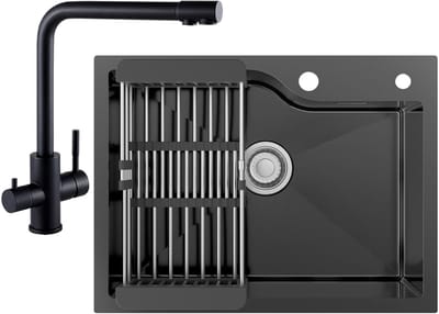 CECIPA max Spoelbak Keuken 60x45CM - Enkele spoelbakken Met 3 Wege Keukenkraan - Spoelbakken Keuken RVS – Spoelbakken met afdruip - Met Verstelbaar Mandje - Antraciet