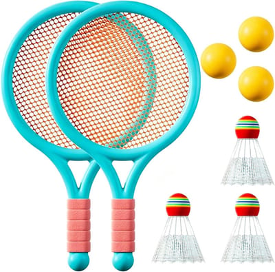 Tennisracketset voor kinderen met 2 rackets, 3 tennisballen en 3 badmintonballen voor buiten- en binnensporten, ideaal voor actieve kinderen