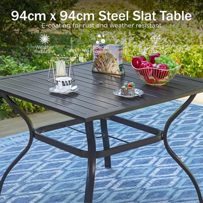 Tuintafel 94x94 cm Zwart met Parasolgat 4 cm – Metalen Eettafel voor Buiten, Weerbestendig & Roestvrij Stalen Frame – 4 Personen – Laura