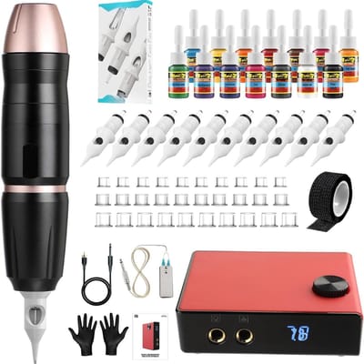 Aurixi® Tattoo Machine met 20 Naalden – Tattoo Pen met Verschillende Patroonnaalden – Voor Beginners & Gevorderde – met Handschoenen - Zwart - 19cm x 15cm x 14cm