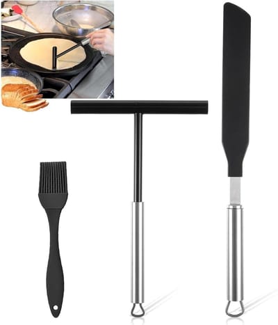 Crêpe Maker Set - Bakgereedschap Keuken - Pannenkoeken Maken - Roestvrij Staal Siliconen - 30 x 23 cm - Zilver Zwart