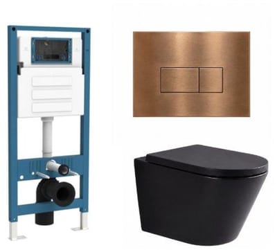 QeramiQ Dely Toiletset - inbouwreservoir Qeramiq Flush - 35mm zitting - metaal koperen bedieningsplaat - rechthoekige knoppen - mat zwart
