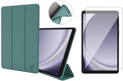 Hoes en Screenprotector geschikt voor Samsung Galaxy Tab A9 / Tab A11 – Smart Cover met Tri-Fold Stand – Schokbestendig – Auto Wake/Sleep – TPU Backcase – Groen