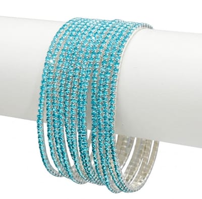 12 Zilverkleurige armbanden set voor dames – stapelbare bangles met turquoise steentjes – glanzende sieraden set