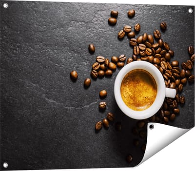 Gards Tuinposter Kopje Koffie met Koffiebonen - 80x60 cm - Tuindoek - Tuindecoratie - Wanddecoratie buiten - Tuinschilderij