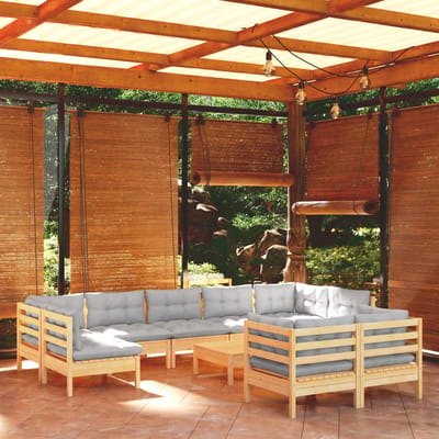 vidaXL - 10-delige - Loungeset - met - grijze - kussens - massief - grenenhout