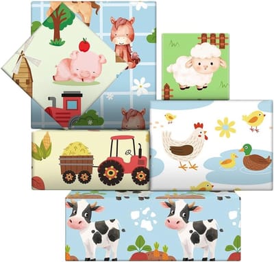 Schattig Boerderij Dieren Inpakpapier voor Kinderen, Paard, Koe, Kip, Eend, Varken en Schaap voor Verjaardag en Feestdagen, 6 Vellen, 51 x 68 cm