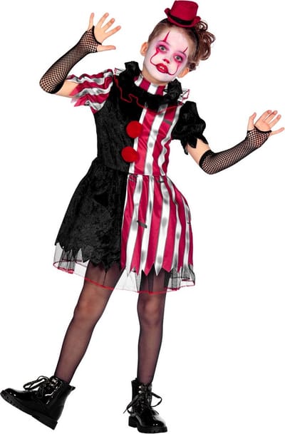 Wilbers & Wilbers - Monster & Griezel Kostuum - Ondeugende Scary Scarlet Clown - Meisje - Rood, Zwart - Maat 140 - Halloween - Verkleedkleding