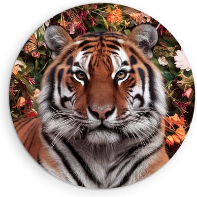 Saammp Muurcirkel Hout - Tijger tussen de bloemen - Dieren - Ø 90 - Wandcirkel - Wanddecoratie Cirkel - muurdecoratie Woonkamer - Slaapkamer decoratie - Rond Schilderij